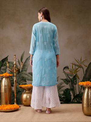 Hand Embroidered Blue Georgette Lucknowi Chikan Women Kurta 3