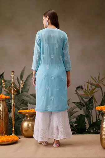 Hand Embroidered Blue Georgette Lucknowi Chikan Women Kurta