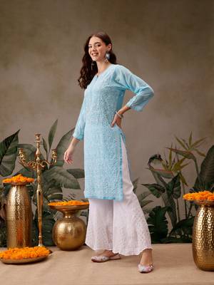 Hand Embroidered Blue Georgette Lucknowi Chikan Women Kurta 4