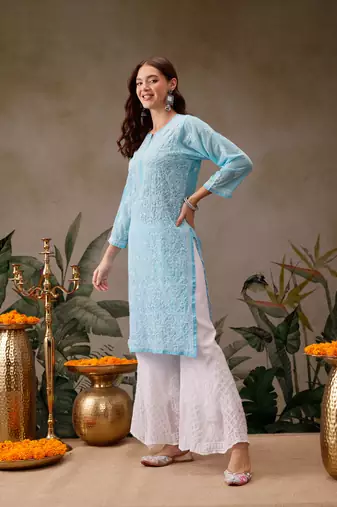 Hand Embroidered Blue Georgette Lucknowi Chikan Women Kurta