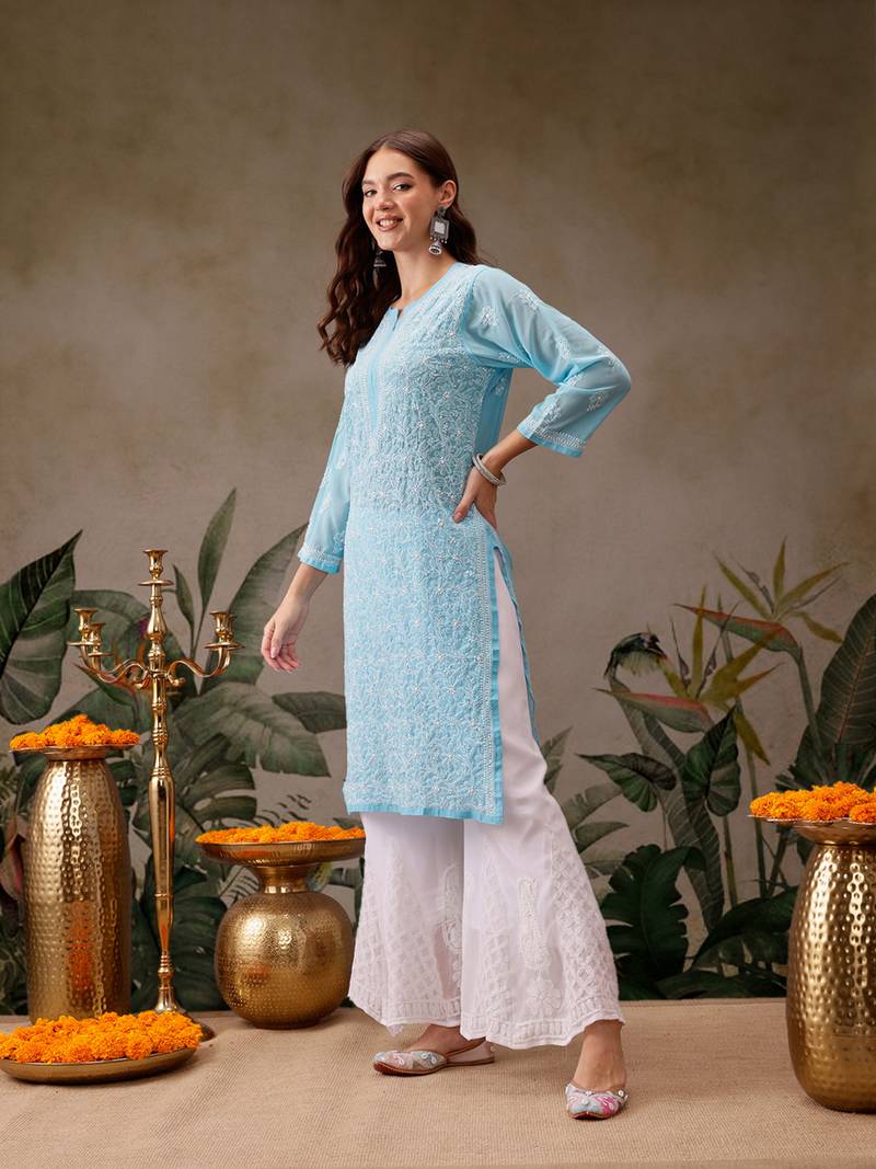 Hand Embroidered Blue Georgette Lucknowi Chikan Women Kurta