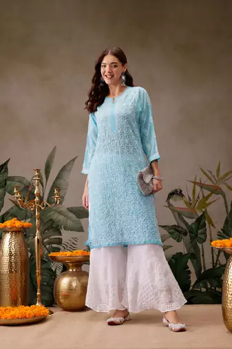 Hand Embroidered Blue Georgette Lucknowi Chikan Women Kurta