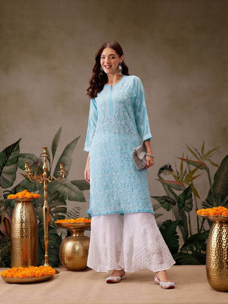 Hand Embroidered Blue Georgette Lucknowi Chikan Women Kurta