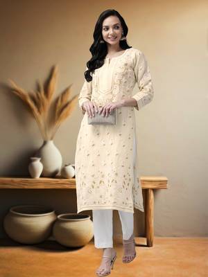 Hand Embroidered Fawn Cotton Lucknowi Chikankari Indian Women Kurta 1