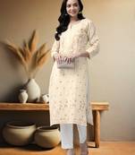 Hand Embroidered Fawn Cotton Lucknowi Chikankari Indian Women Kurta