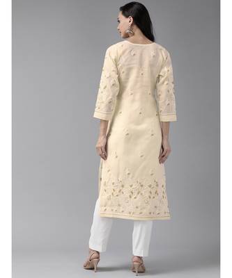 Hand Embroidered Fawn Cotton Lucknowi Chikankari Indian Women Kurta 2