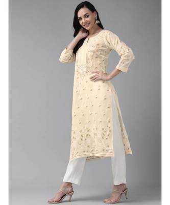 Hand Embroidered Fawn Cotton Lucknowi Chikankari Indian Women Kurta 3