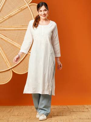 Hand Embroidered White Cotton Lucknowi Chikankari Women Kurta 1