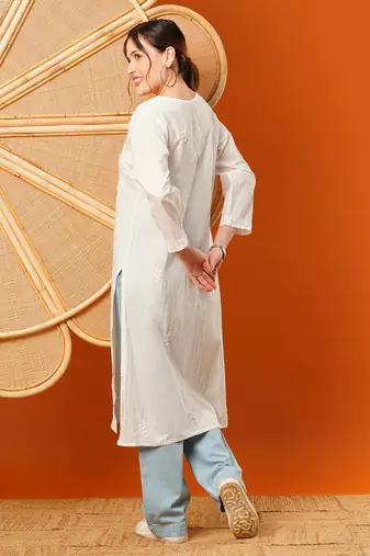 Hand Embroidered White Cotton Lucknowi Chikankari Women Kurta