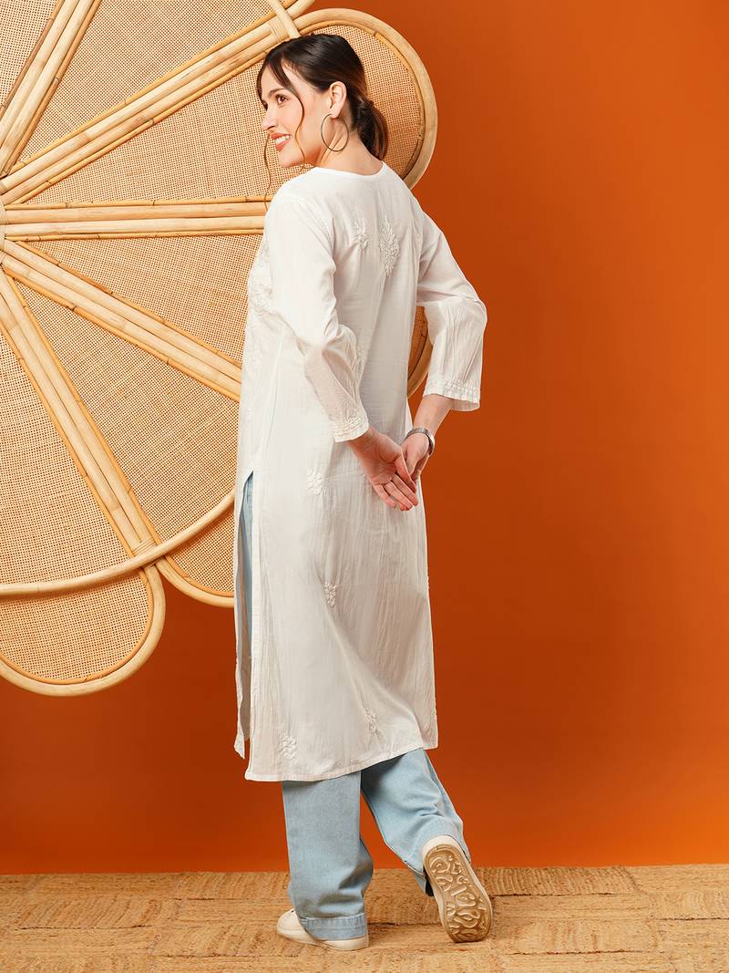 Hand Embroidered White Cotton Lucknowi Chikankari Women Kurta