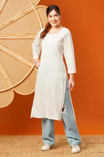 Hand Embroidered White Cotton Lucknowi Chikankari Women Kurta