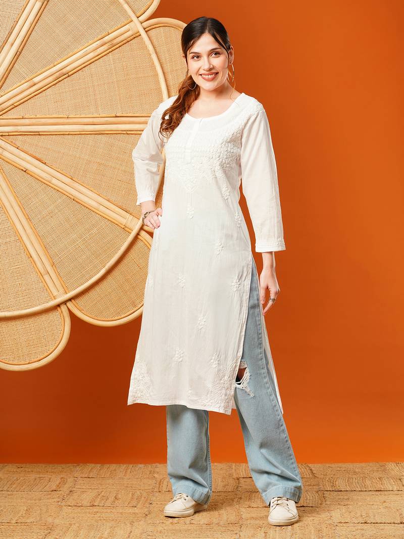 Hand Embroidered White Cotton Lucknowi Chikankari Women Kurta