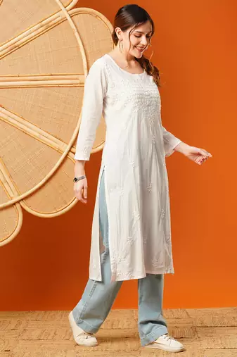 Hand Embroidered White Cotton Lucknowi Chikankari Women Kurta