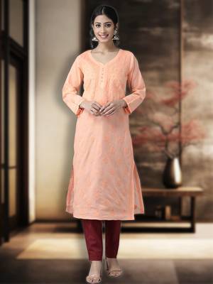Hand Embroidered Peach Cotton Lucknow Chikankari Women Kurta 1
