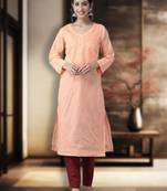 Hand Embroidered Peach Cotton Lucknow Chikankari Women Kurta