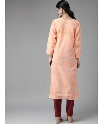 Hand Embroidered Peach Cotton Lucknow Chikankari Women Kurta 2
