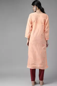Hand Embroidered Peach Cotton Lucknow Chikankari Women Kurta