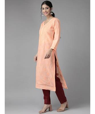 Hand Embroidered Peach Cotton Lucknow Chikankari Women Kurta 3