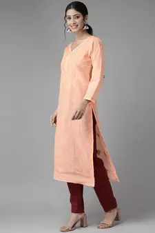 Hand Embroidered Peach Cotton Lucknow Chikankari Women Kurta