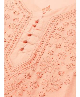 Hand Embroidered Peach Cotton Lucknow Chikankari Women Kurta 4