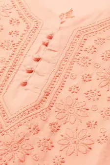 Hand Embroidered Peach Cotton Lucknow Chikankari Women Kurta