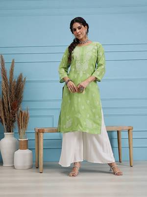 Hand Embroidered Green Cotton Lucknowi Chikan Women Kurta 1