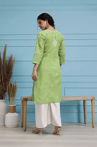 Hand Embroidered Green Cotton Lucknowi Chikan Women Kurta