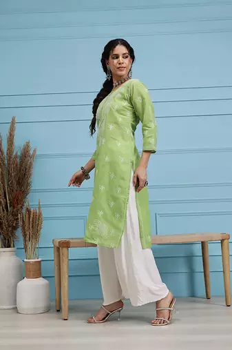 Hand Embroidered Green Cotton Lucknowi Chikan Women Kurta