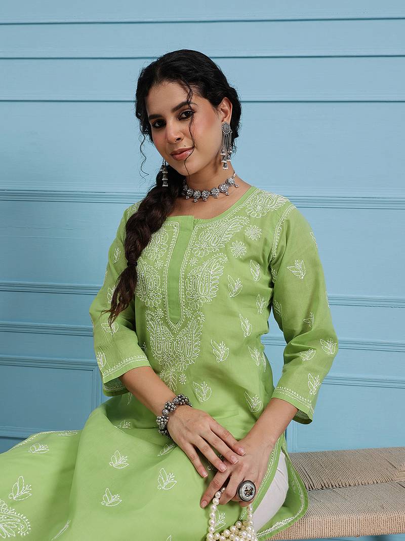 Hand Embroidered Green Cotton Lucknowi Chikan Women Kurta