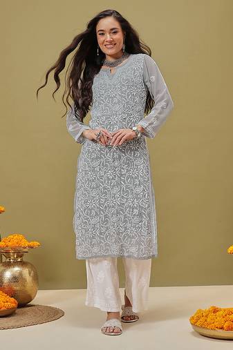 Hand Embroidered Grey Georgette Lucknow Chikankari Women Kurta With Slip