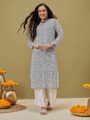 Hand Embroidered Grey Georgette Lucknow Chikankari Women Kurta With Slip 1