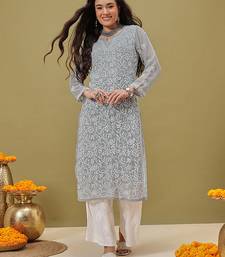 Hand Embroidered Grey Georgette Lucknow Chikankari Women Kurta With Slip