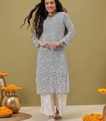 Hand Embroidered Grey Georgette Lucknow Chikankari Women Kurta With Slip