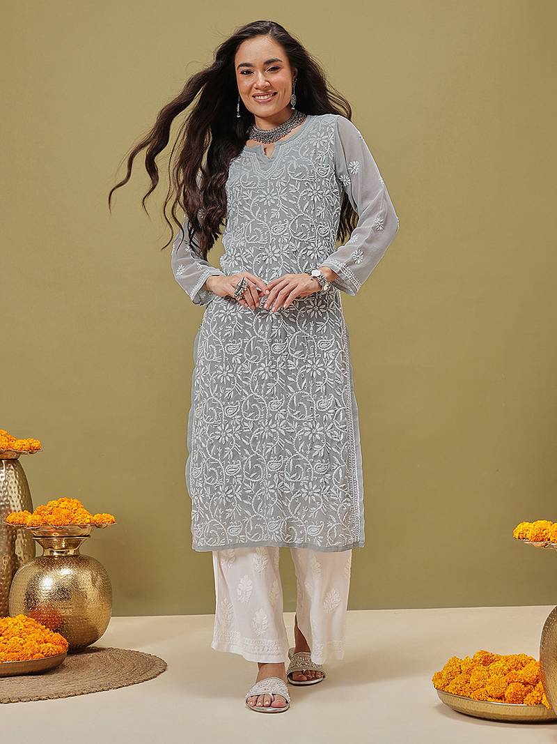 Hand Embroidered Grey Georgette Lucknow Chikankari Women Kurta With Slip