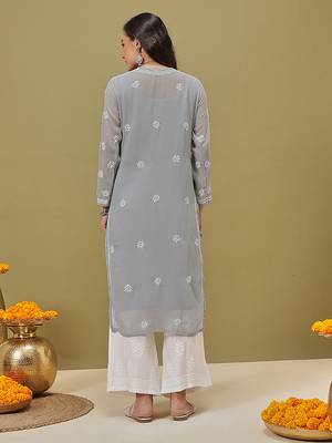 Hand Embroidered Grey Georgette Lucknow Chikankari Women Kurta With Slip 2