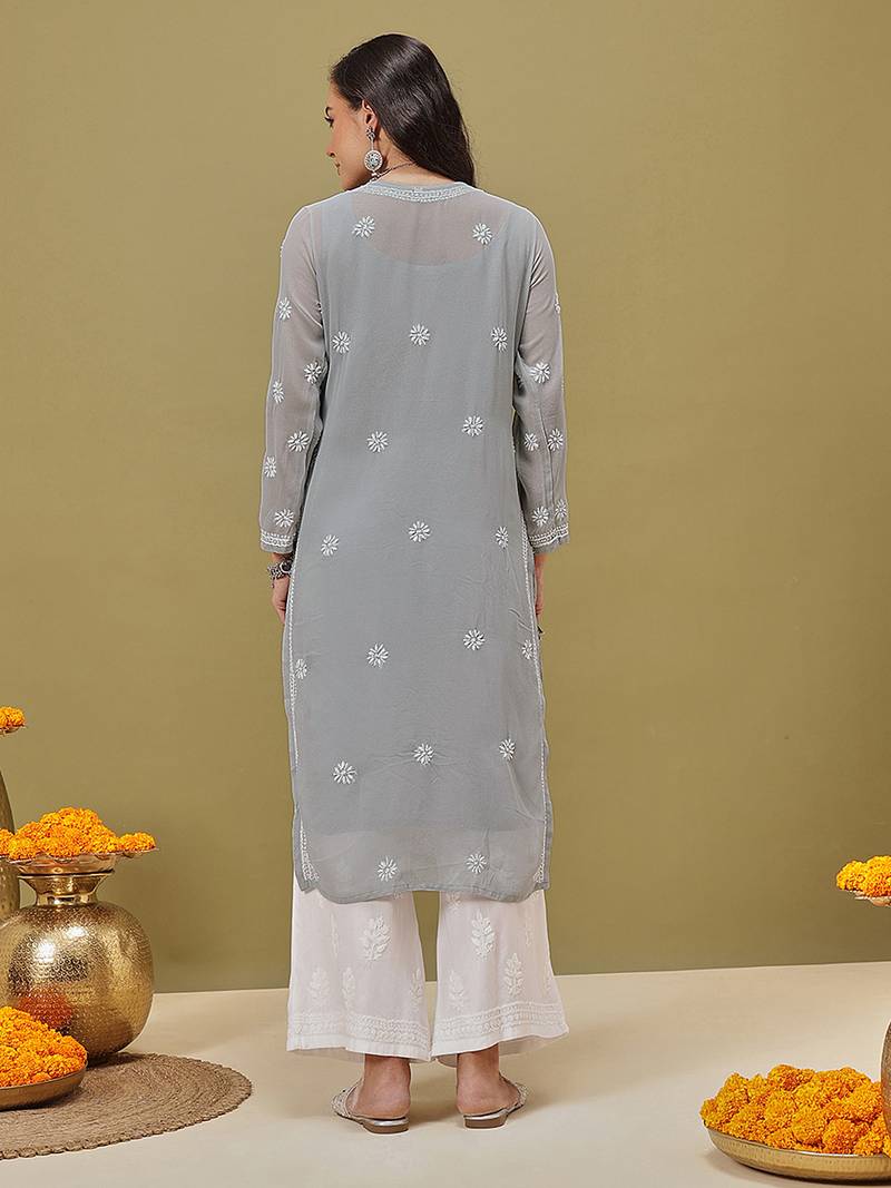 Hand Embroidered Grey Georgette Lucknow Chikankari Women Kurta With Slip