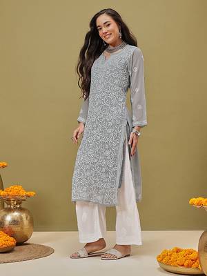 Hand Embroidered Grey Georgette Lucknow Chikankari Women Kurta With Slip 3