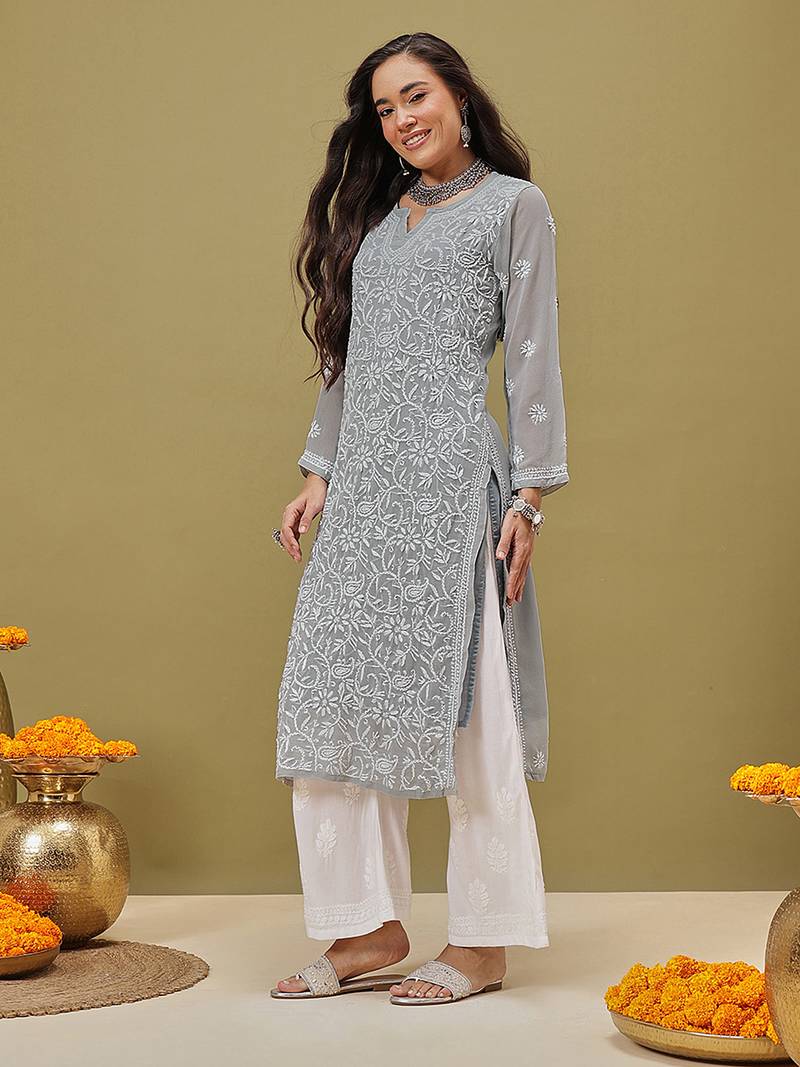 Hand Embroidered Grey Georgette Lucknow Chikankari Women Kurta With Slip