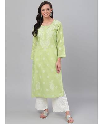 Hand Embroidered Green Cotton Lucknow Chikankari Women Kurta 1