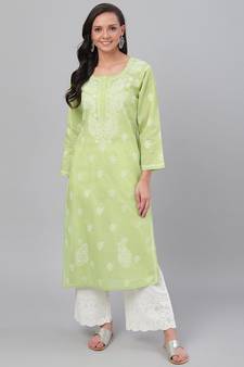 Hand Embroidered Green Cotton Lucknow Chikankari Women Kurta