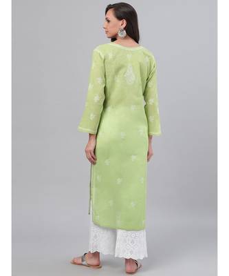 Hand Embroidered Green Cotton Lucknow Chikankari Women Kurta 2