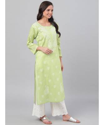 Hand Embroidered Green Cotton Lucknow Chikankari Women Kurta 3