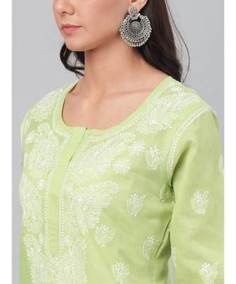 Hand Embroidered Green Cotton Lucknow Chikankari Women Kurta 4