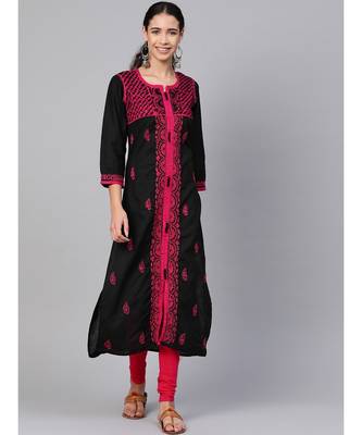 Hand Embroidered Black Cotton Lucknow Chikan Women Kurta 1