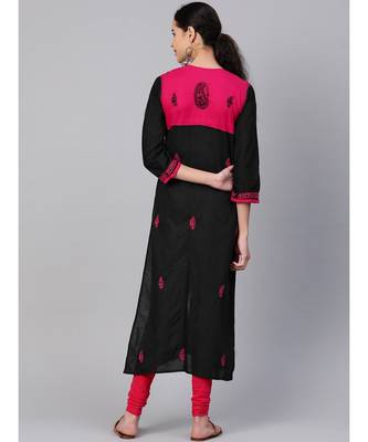 Hand Embroidered Black Cotton Lucknow Chikan Women Kurta 2