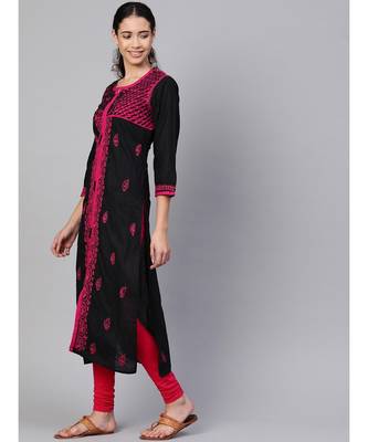 Hand Embroidered Black Cotton Lucknow Chikan Women Kurta 3