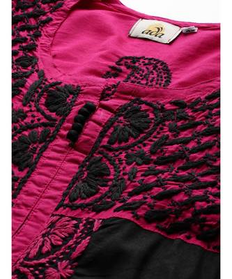 Hand Embroidered Black Cotton Lucknow Chikan Women Kurta 4