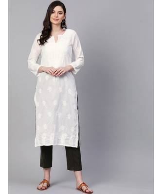 Hand Embroidered White Cotton Lucknow Chikan Women Kurta 1