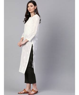 Hand Embroidered White Cotton Lucknow Chikan Women Kurta 3