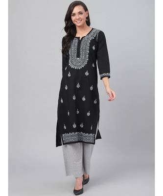 Hand Embroidered Black Cotton Lucknowi Chikan Women Kurta 1